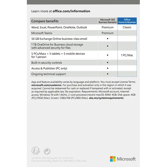 Retail box of Microsoft Office Home and Business 2021, includes Word, Excel, PowerPoint, Outlook, and OneNote – lifetime license for 1 PC or Mac.