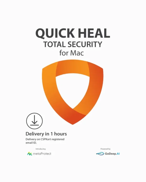 Quick Heal Total Security for Mac product box with shield icon and Apple MacBook graphics
