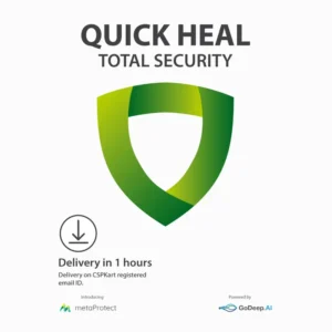 Quick Heal Total Security product box displaying full-feature protection icons including antivirus, privacy, and performance tools