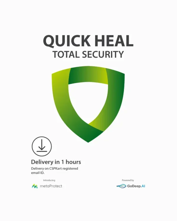 Quick Heal Total Security product box displaying full-feature protection icons including antivirus, privacy, and performance tools
