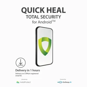Quick Heal Multi-Device antivirus software packaging featuring icons of a laptop, smartphone, and tablet on a secure digital background