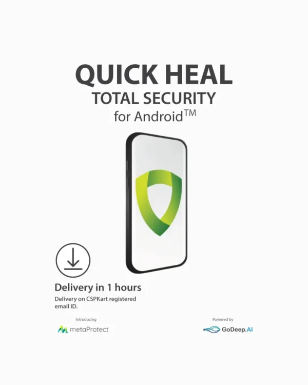 Quick Heal Multi-Device antivirus software packaging featuring icons of a laptop, smartphone, and tablet on a secure digital background